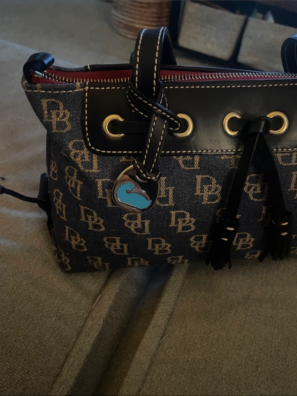 Dooney & Bourke Brown Signature Mini Tote with Black Trim and Red Zip - Picture 2 of 5